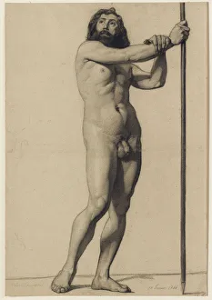 Academic figure study: male nude holding a staff, 1844 Academic figure study: male nude holding a staff, 1844