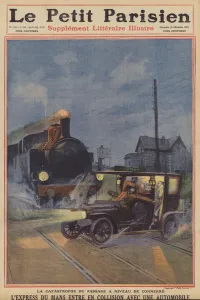 Colliding Gallery: Accident on a level crossing at Connerre, France (colour litho)