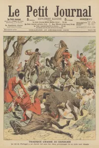 Accident suffered by King Carlos I of Portugal on a wild boar hunt (colour litho) Accident suffered by King Carlos I of Portugal on a wild boar hunt (colour litho)