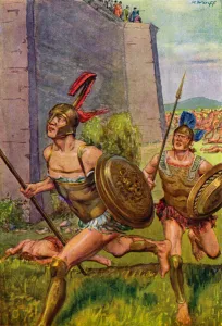 Achilles pursuing Hector around the city walls of Troy (colour litho) Achilles pursuing Hector around the city walls of Troy (colour litho)