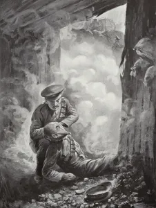 Acting Sergeant John Raynes putting his smoke-helmet on Sergeant Ayres following Acting Sergeant John Raynes putting his smoke-helmet on Sergeant Ayres following