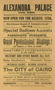 Pyrotechnics Gallery: Advertisement for the 1898 season at Alexandra Palace (engraving)