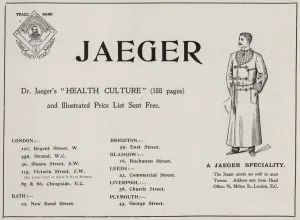 Advertisement for Dr Jaeger's Sanitary Woollen System Co Ltd woollen clothing Advertisement for Dr Jaeger's Sanitary Woollen System Co Ltd woollen clothing