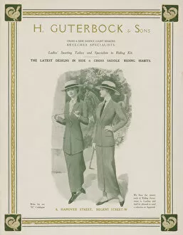 Advertisement for H Guterbock & Sons, ladies sporting tailors and specialists in riding kit (colour litho)