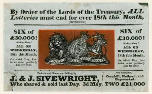 Advertisement for last lottery, 1826 (coloured engraving) Advertisement for last lottery, 1826 (coloured engraving)