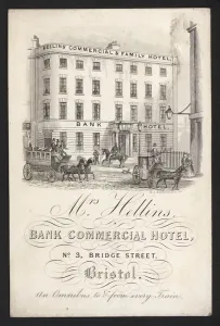 Bridge Street Gallery: Advertisement for Mrs Hellins Bank Commercial Hotel, 3 Bridge Street, Bristol (engraving)