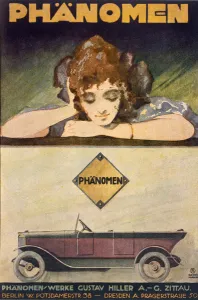 Advertisement for the Phanomen car, 1907-27 (colour litho) Advertisement for the Phanomen car, 1907-27 (colour litho)