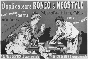Advertisement for Roneo and Neostyle duplicators, c.1903-04 (litho) (b/w photo) Advertisement for Roneo and Neostyle duplicators, c.1903-04 (litho) (b/w photo)
