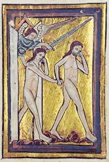 Adam and Eve banished from Paradise, from a book of Bible Pictures, c.1250 (vellum) Adam and Eve banished from Paradise, from a book of Bible Pictures, c.1250 (vellum)