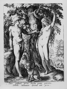 Adam and Eve, engraved by Hendrik Goltzius, 1585 (engraving) Adam and Eve, engraved by Hendrik Goltzius, 1585 (engraving)