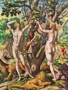 Admiranta Narratio... . Adam and Eve (page 40), 1585-1588 (colour engraving) Admiranta Narratio... . Adam and Eve (page 40), 1585-1588 (colour engraving)
