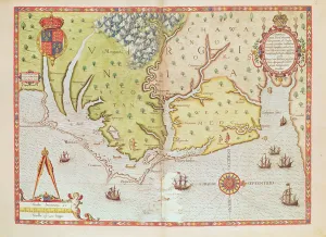 Admiranta Narratio... Map of Virginia (page 44-45), 1585-1588 (colour Admiranta Narratio... Map of Virginia (page 44-45), 1585-1588 (colour