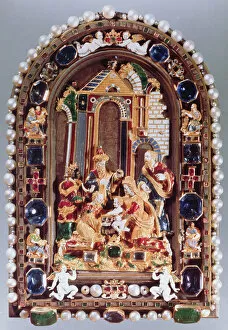 German School Gallery: The Adoration of the Kings, relief plaque framed with miniature figures of the four Evangelists
