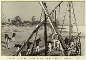 The advance in the Soudan, loading up Wood for Steamers at Berber (litho)