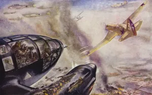Aerial dogfight between a German Heinkel III bomber and a Russian Mig 3 fighter Aerial dogfight between a German Heinkel III bomber and a Russian Mig 3 fighter