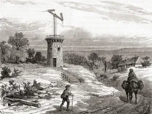 An aerial telegraph post in the 18th century, from Les Merveilles de la Science An aerial telegraph post in the 18th century, from Les Merveilles de la Science