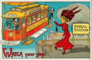 Aerial tram arriving at a stop (colour litho)