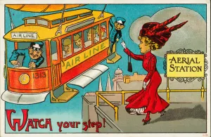 Aerial tram arriving at a stop (colour litho) Aerial tram arriving at a stop (colour litho)