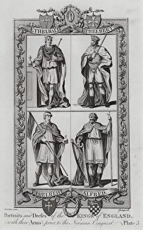 Aethelbald, Aethelbert, Aethelred I and Alfred the Great, Anglo-Saxon Kings of England before the Norman Conquest (engraving)