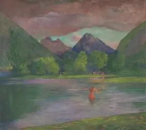 Afterglow, Tautira River, Tahiti, Fisherman Spearing a Fish, c.1895 (oil on canvas) Afterglow, Tautira River, Tahiti, Fisherman Spearing a Fish, c.1895 (oil on canvas)