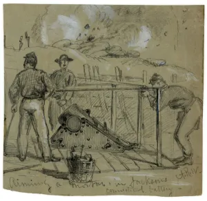 Aiming an 8-inch Union siege mortar in the trenches outside Petersburg, Virginia Aiming an 8-inch Union siege mortar in the trenches outside Petersburg, Virginia