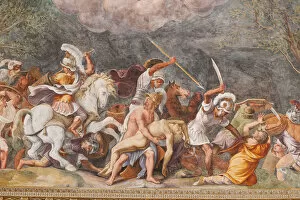 Ajax protecting Patroclus's corpse during the battle of Troy, The Trojan Horse, Chamber of Troy (Sala di Troia)