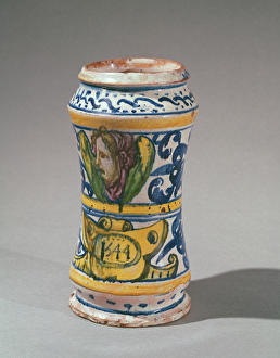 Albarelle, manufactured in Rouen, 1544 (faience) Albarelle, manufactured in Rouen, 1544 (faience)