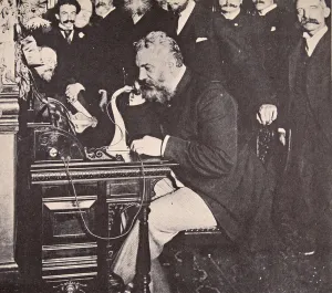 Alexander Graham Bell making the first call between New York and Chicago Alexander Graham Bell making the first call between New York and Chicago