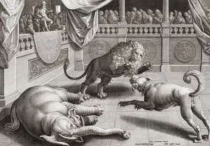 Alexander the Great watching animals fight, 16th century (engraving) Alexander the Great watching animals fight, 16th century (engraving)