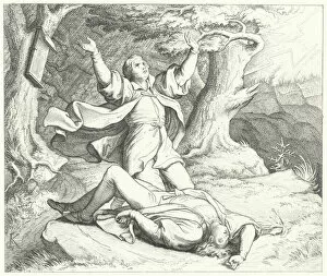 Alexis, friend of Martin Luther, after he is struck by lightning during their travels, 1505 (engraving)