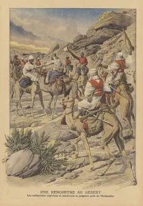 Algerian and Sudanese meharistes meeting in the Sahara near Timiaouine (colour litho) Algerian and Sudanese meharistes meeting in the Sahara near Timiaouine (colour litho)