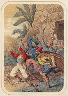 Ali Baba and the Forty Thieves, scene from One Thousand and One Nights (colour litho)