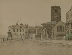 Alldins Coal Wharf and Chelsea Old Church, London (pencil & wash on paper) Alldins Coal Wharf and Chelsea Old Church, London (pencil & wash on paper)