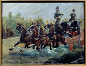 Alphonse from Toulouse Lautrec driving his email coach. The mail coach is a sedan with Alphonse from Toulouse Lautrec driving his email coach. The mail coach is a sedan with