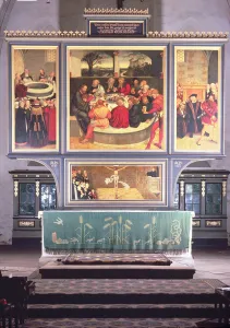 Altar with a Triptych depicting: left panel, Philipp Melanchthon (1497-1560) performing Altar with a Triptych depicting: left panel, Philipp Melanchthon (1497-1560) performing