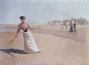Amateur tennis match on the beach - drawing by Lynch, 20th century Amateur tennis match on the beach - drawing by Lynch, 20th century