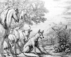 The Ambitious Frog, illustration from Aesops Fables, 1687 (etching) The Ambitious Frog, illustration from Aesops Fables, 1687 (etching)