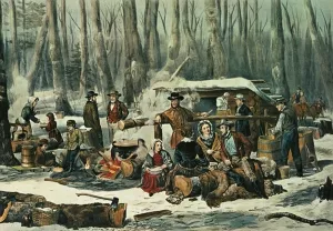 American Forest Scene - Maple Sugaring, 1856 (colour litho) American Forest Scene - Maple Sugaring, 1856 (colour litho)