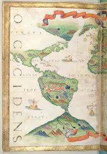 The Americas, detail from world atlas, 1565 (vellum) The Americas, detail from world atlas, 1565 (vellum)