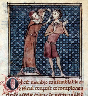 Anatomical figure: doctor examining the eye of a patient Anatomical figure: doctor examining the eye of a patient