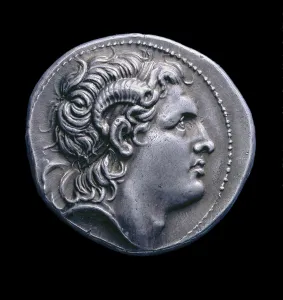 Ancient Greek silver coin from Pella, 286-281 BC (silver) Ancient Greek silver coin from Pella, 286-281 BC (silver)