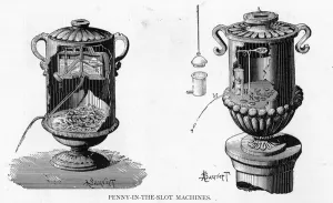 Ancient and modern vending (penny-in-the-slot) machines, 1893 (litho) Ancient and modern vending (penny-in-the-slot) machines, 1893 (litho)