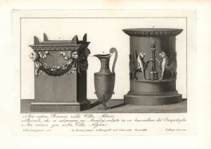 Ancient Roman altars and pitcher used in sacrifices. 1802 (engraving) Ancient Roman altars and pitcher used in sacrifices. 1802 (engraving)