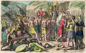 Imperia Collection: Ancient Rome: Captured enemies are harnessed, 1866 (coloured engraving)