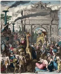 Ancient Rome: A triumphal procession in roman forum, 1866 (coloured engraving) Ancient Rome: A triumphal procession in roman forum, 1866 (coloured engraving)