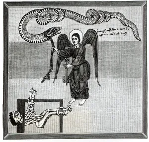 The Angel, holding the Keys of Hell, enchains the Devil, in the shape of a Dragon The Angel, holding the Keys of Hell, enchains the Devil, in the shape of a Dragon