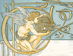 Angel offering a wicker cage with an open door allowing the song birds to escape Angel offering a wicker cage with an open door allowing the song birds to escape