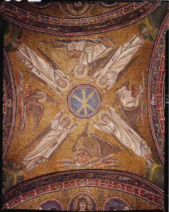 Four angels with the symbols of the evangelists surrounding the chi-rho monogram of Christ Four angels with the symbols of the evangelists surrounding the chi-rho monogram of Christ