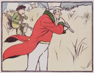 Angry golfer driving his ball into the scrub while his caddy tries to stop himself Angry golfer driving his ball into the scrub while his caddy tries to stop himself