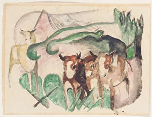 Animals in a landscape (three cows and a horse), 1913 (w / c on paper)